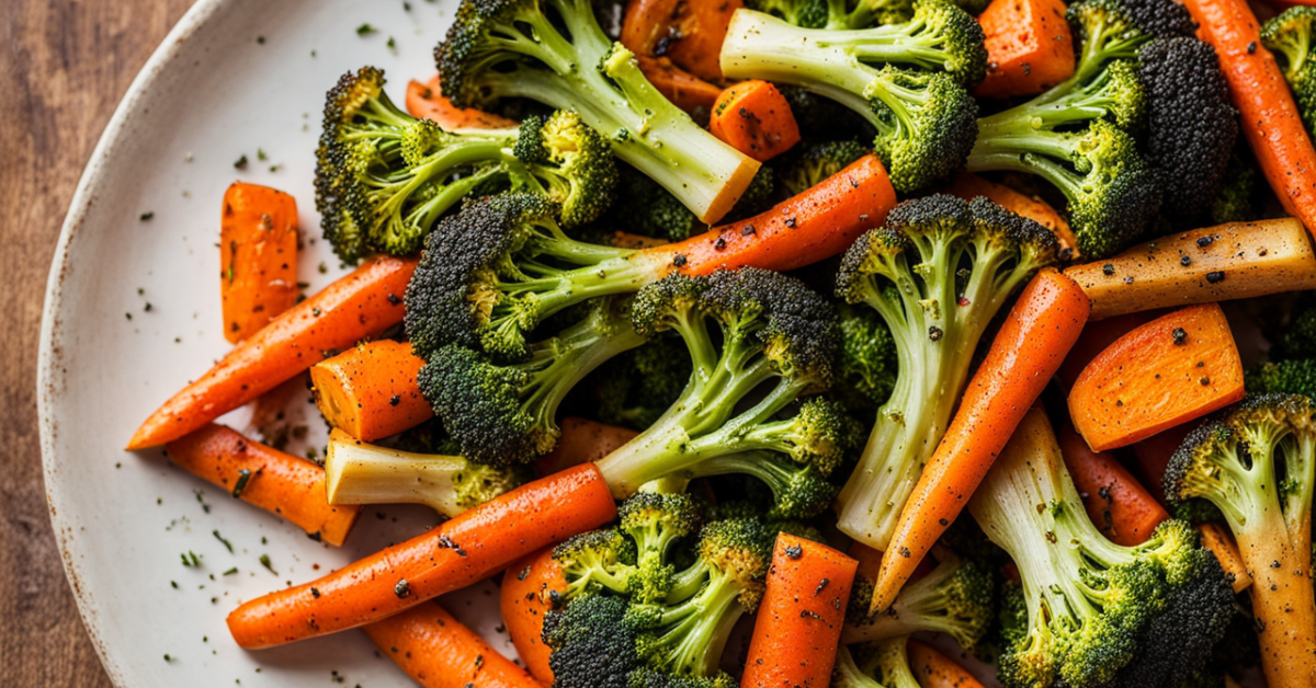 Golden-roasted broccoli and carrots on a baking sheet