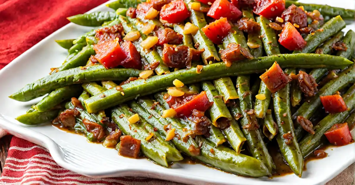 Smothered Green Beans in a Serving Dish