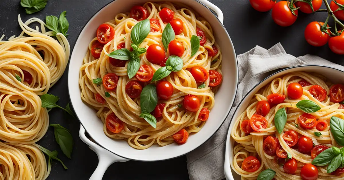 Fresh cherry tomato pasta dish served on a white plate