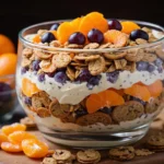 Close-up of a colorful Cookie Salad in a glass bowl