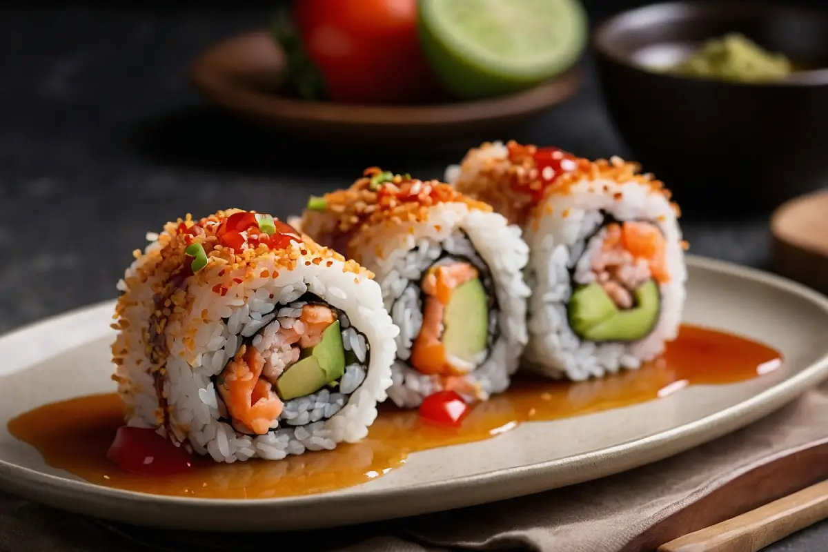 Delicious homemade Dynamite Roll on a plate