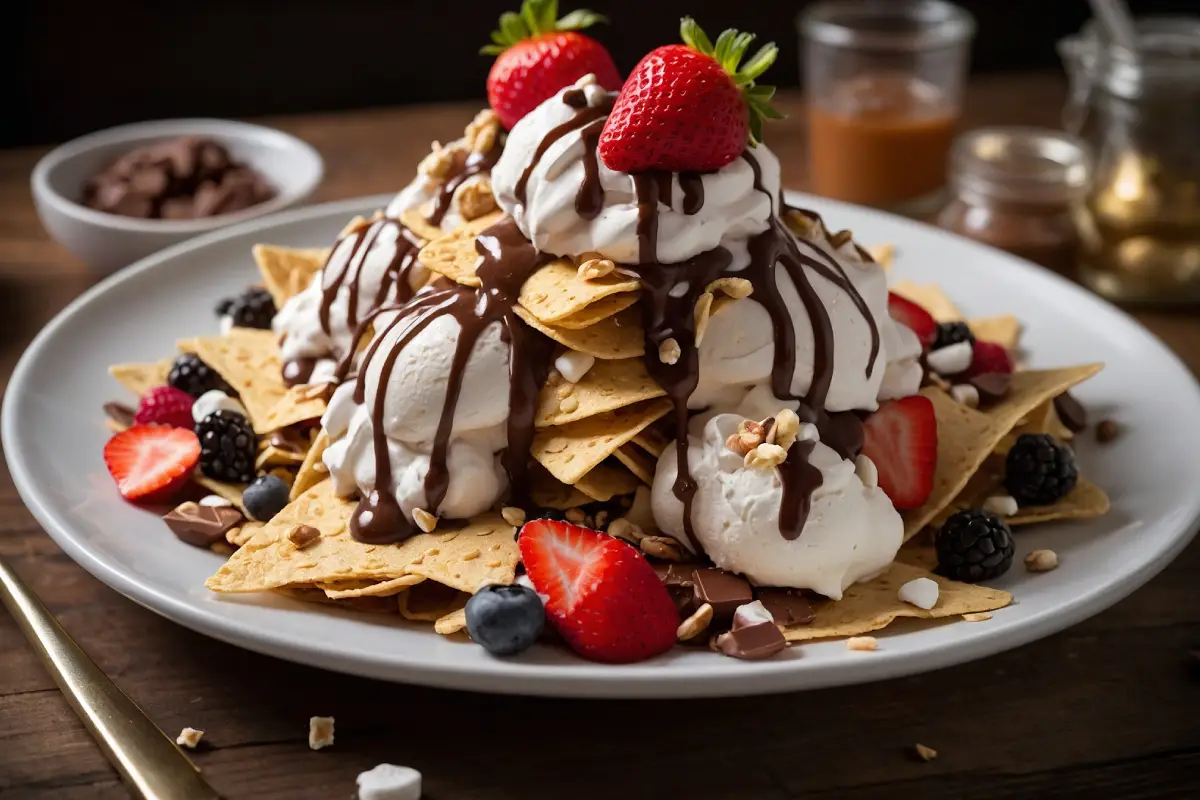 A colorful serving of Ice Cream Nachos topped with vibrant toppings.