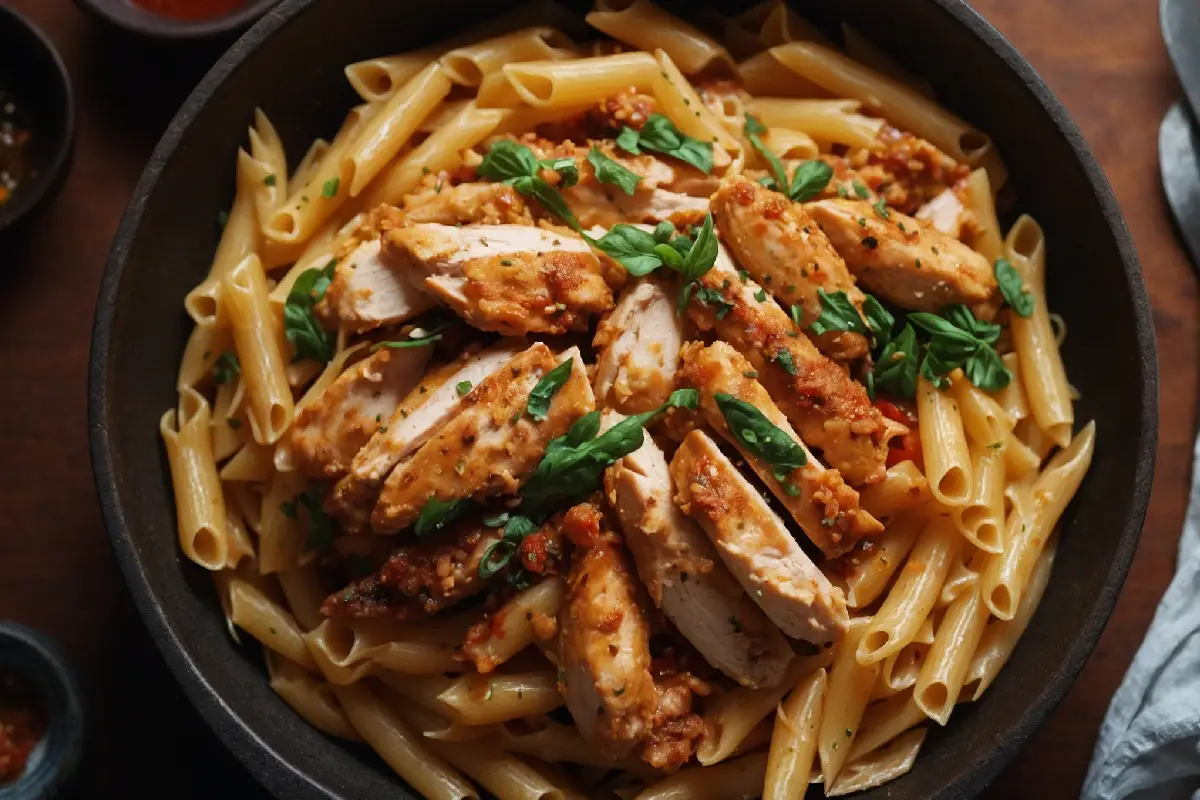 A plate of Marry Me Chicken Pasta garnished with fresh herbs