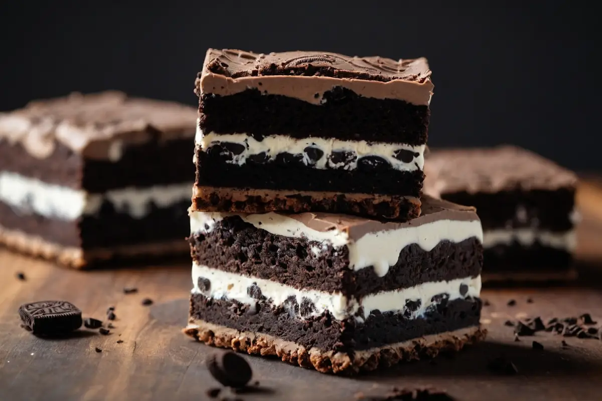 Close-up of homemade Oreo Ice Cream Sandwiches Brownies on a plate