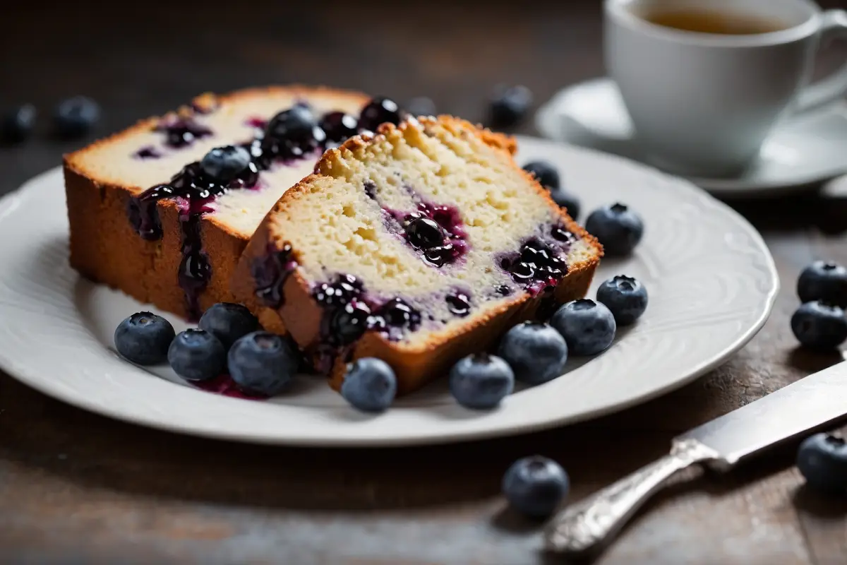 Freshly baked Blueberry Pound Cake on a serving plate
