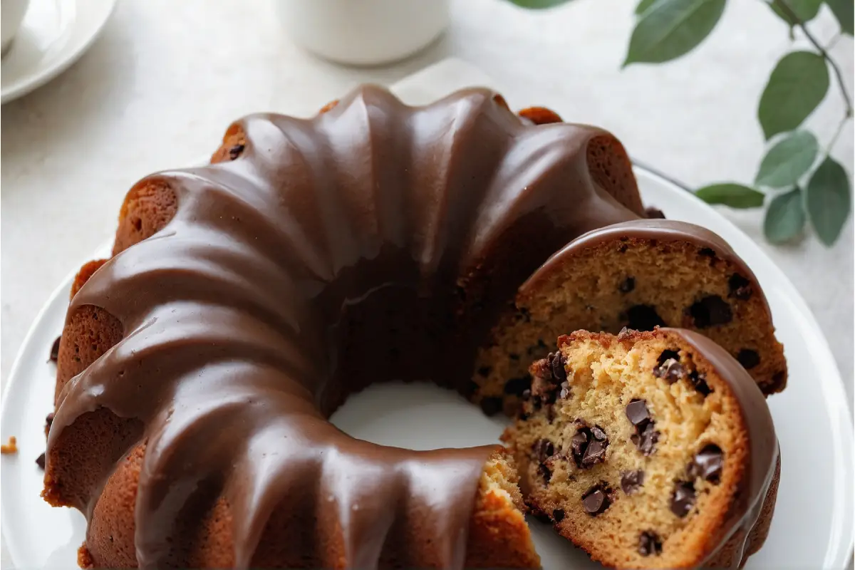 Delectable Chocolate Chip Bundt Cake on a serving plate