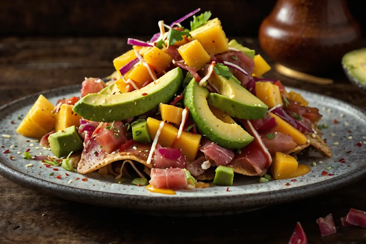 A plate of delicious Poke Nachos topped with ahi tuna, avocado, and spicy mayo