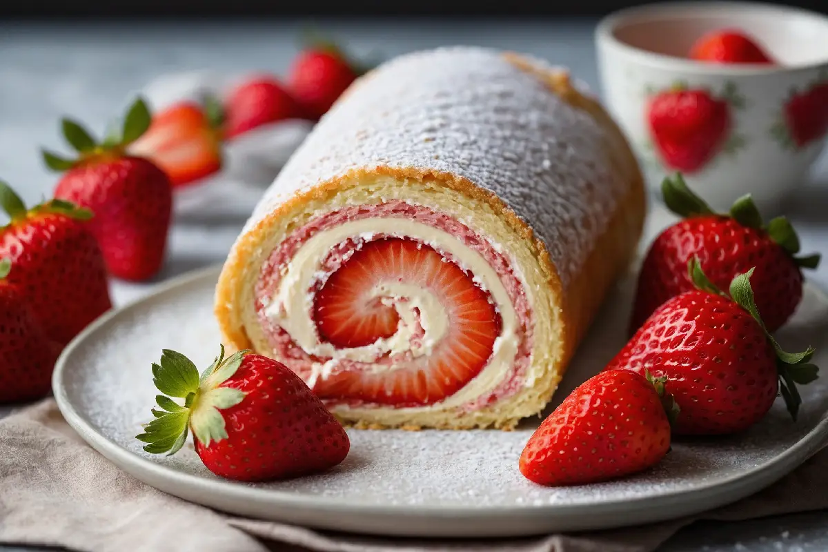 A freshly made Strawberry Swiss Roll with slices showcasing the spiral of cream and strawberries